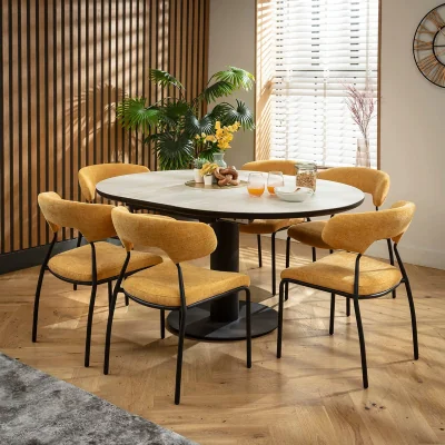 Quatropi Contemporary Round Extendable Dining Table and Chairs 6 Seater Set Yellow Gold & Light Grey Ceramic