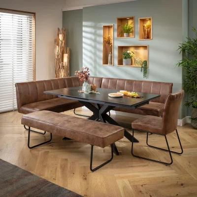 Quatropi Luxury 9 Seater Extendable Corner Bench Dining Set Brown & Black Ceramic LRBB1