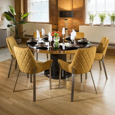 Quatropi Quatropi 6 Seater Modern Round Kitchen Dining Set Black Mustard Fabric