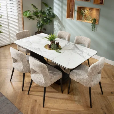 Quatropi Modern Extendable Dining Table and Chairs 6 Seater Set Brown & Matte White Ceramic