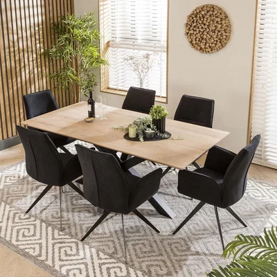 Quatropi Nova Solid Natural 6 Seat Wooden Dining Table And Chairs Set Black