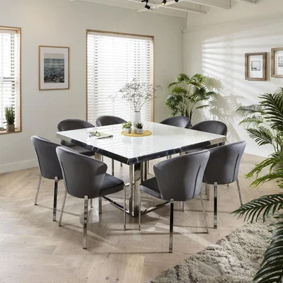 Quatropi White Glass Top Dining Table & Luxury Grey Velvet Chairs - 8 Seater Dining Set
