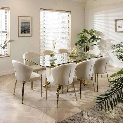 Quatropi Modern Dining Table and Chairs Set Cream Velvet Glass 8 Seat Dining Set