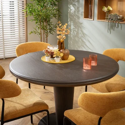 Quatropi Contemporary Round Dining Table and Chairs 4 Seater Set Yellow Gold & Grey Oak