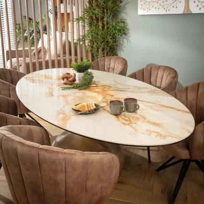 Quatropi Luxury Oval 6 Seater Ceramic Marble Dining Table and Chairs Set Brown White