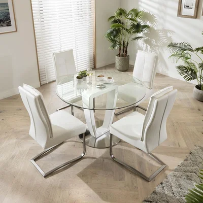Quatropi Round Dining Table & Chairs - Clear Glass With White Leather 4 Seater Set
