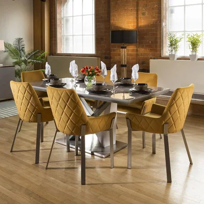 Quatropi Modern 6 Seater Marble Effect Ceramic Dining Set Grey Mustard Fabric