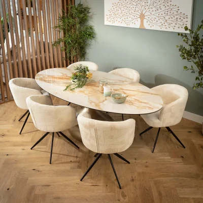 Quatropi Luxury Oval 6 Seater Ceramic Marble Dining Table and Chairs Set Cream White
