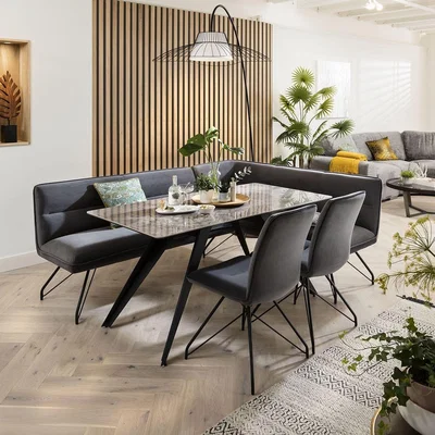 Quatropi Corner Dining Bench Set Left-Hand Ceramic Marble Table 8 Seater Grey