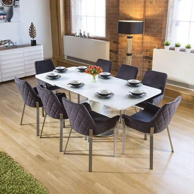 Quatropi Large Modern 8 Seater Extending Glass Dining Set White Charcoal Fabric