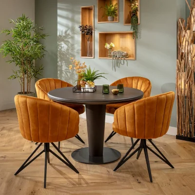 Quatropi Contemporary Round Dining Table and Chairs 4 Seater Set Saffron & Grey Oak