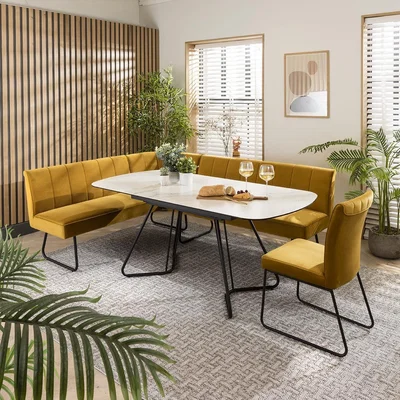 Quatropi Modern Corner Bench Dining Set 6 Seater Ceramic Extending Mustard Yellow