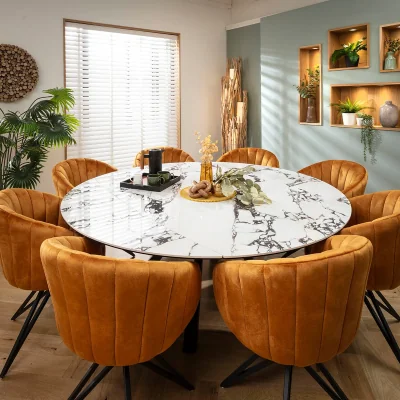 Quatropi Large Round Extendable Dining Table and Chairs 8 Seater Dining Set Saffron White Ceramic