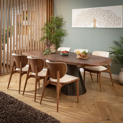 Quatropi Designer 6 Seater Dining Table and Chairs Set White Boucle Fabric Walnut Wood