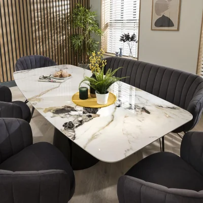 Quatropi 6 Seater Modern Bench Dining Set With Grey Chairs - Ceramic Marble Dining Table
