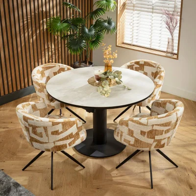 Quatropi Premium Round Extendable Dining Table and Chairs 4 Seater Set Yellow & Light Grey Ceramic