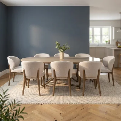 Quatropi Modern 8 Seater Silver-Gold Oval Glass Dining Table and Chairs Sets Cream Hopsack