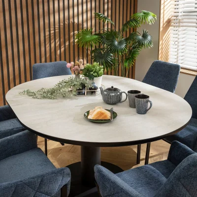 Quatropi Luxury Round Extendable Dining Table and Chairs 6 Seater Set Blue Chenille & Light Grey Ceramic