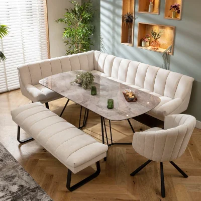 Quatropi Modern 9 Seater Extendable Corner Bench Dining Set Stone & Grey Ceramic RBB1
