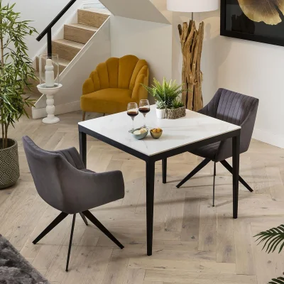 Quatropi Compact 2 Person Dining Set - White Ceramic Marble Table - Carver Dining Chairs