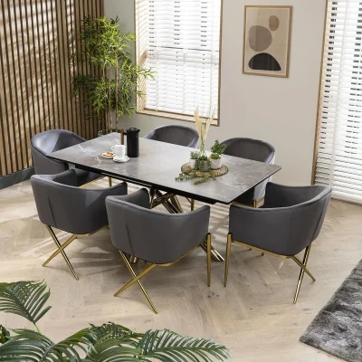 Quatropi ExDisplay Zoe 6 Seater Ceramic Extendable Dining Set Grey & Gold