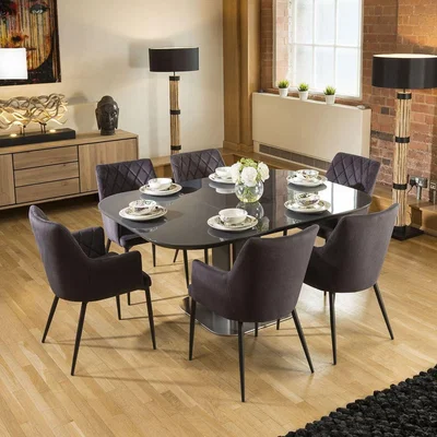 Quatropi Dining Set Grey Glass Square Extending Table +6 Charcoal Carver Chair