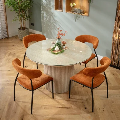 Quatropi Modern Glass-Topped Round Dining Table and Chairs 4 Seater Set Burnt Orange & Cream