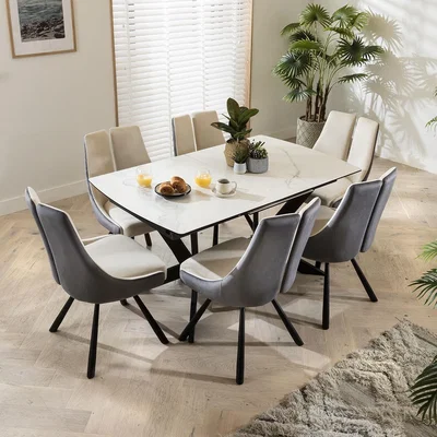 Quatropi 6 Seater Extendable Dining Set With White Ceramic & Designer Velvet Cream Chairs