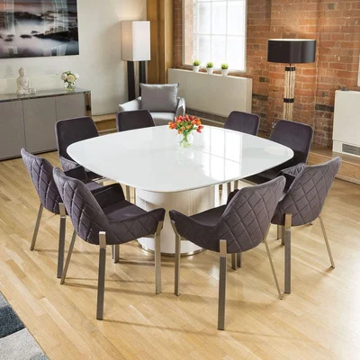 Quatropi Quatropi Modern 8 Seater Square Dining Set White Charcoal Grey Fabric
