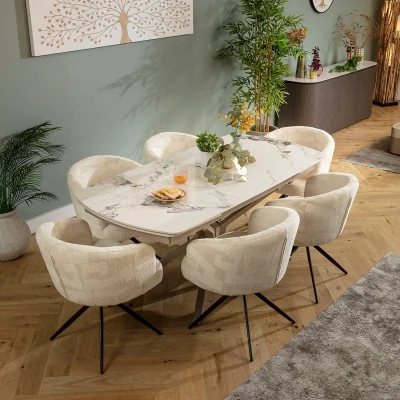 Quatropi Modern 6 Seater Extendable Dining Table and Chairs Set Cream White Ceramic