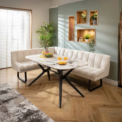 Quatropi Premium 5 Seater Extendable Corner Bench Dining Set Stone & White Ceramic RT