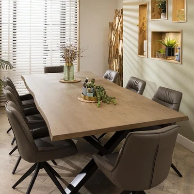 Quatropi Large Industrial Live Edge Wooden 8 Chair Dining Set Grey Leather 260cm