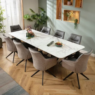 Quatropi Large Extendable Dining Table and Chairs 8 Seater Set Grey & Matte White Ceramic