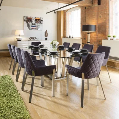 Quatropi Large Contemporary 10 Seater Glass Dining Set Charcoal Grey Fabric