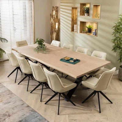 Quatropi Large 10 Seater Live Edge Wooden Dining Set Natural Cream Leather 260cm