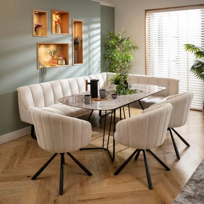 Quatropi Modern 8 Seater Extendable Corner Bench Dining Set Stone & Grey Ceramic L3