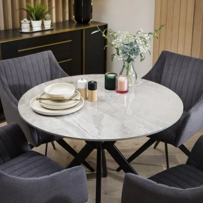 Quatropi Compact Round 4 Seater Dining Set - Grey Ceramic Marble Table & 4 Premium Chairs