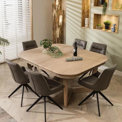 Quatropi 6 Seater Wooden Extending Dining Table Natural Grey Leather Chairs Set