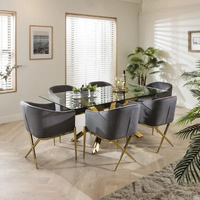 Quatropi Contemporary 6 Seater Glass Dining Table and Chairs Set Grey Velvet Gold