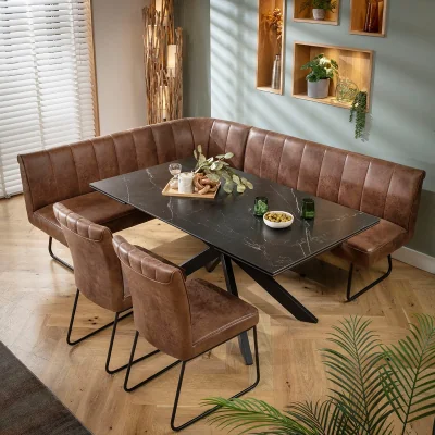 Quatropi Luxury 7 Seater Extendable Corner Bench Dining Set Brown & Black Ceramic LR2