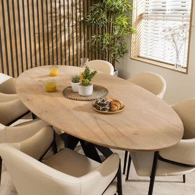 Quatropi Ashley Solid Wood Natural Oval Dining Table And 6 Chairs Set Cream Clay