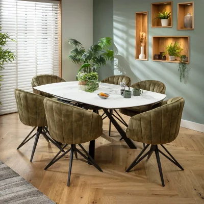 Quatropi Modern Round Extendable Dining Table and Chairs 6 Seater Set Green White Ceramic