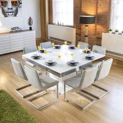 Quatropi Large Square White Glass Gloss Dining Table + 8 Ice Cantilever Chairs