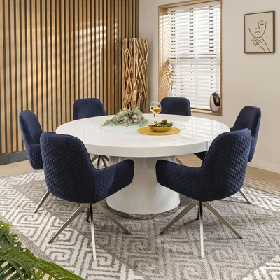 Quatropi Modern 6 Seat Round Dining Set Gloss White And Navy Blue Velvet 160cm
