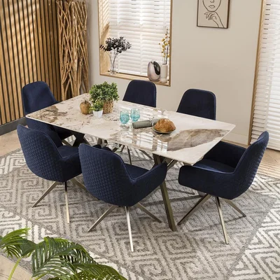 Quatropi 6 Seater White Ceramic Dining Table And Chairs Set Navy Velvet 180cm