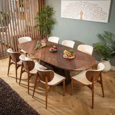 Quatropi Designer 8 Seater Dining Table and Chairs Set White Boucle Fabric Walnut Wood