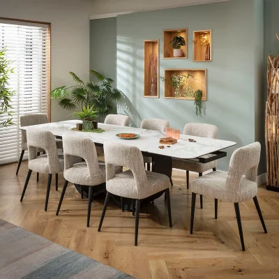 Quatropi Large Extendable Dining Table and Chairs 8 Seater Set Brown & Matte White Ceramic