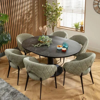 Quatropi Premium Round Extendable Dining Table and Chairs 6 Seater Set Green & Black Ceramic