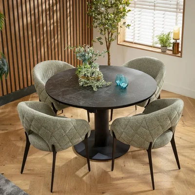 Quatropi Luxury Round Extendable Dining Table and Chairs 4 Seater Set Green & Black Ceramic