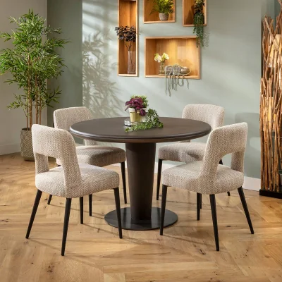 Quatropi Contemporary Round Dining Table and Chairs 4 Seater Set Brown & Grey Oak